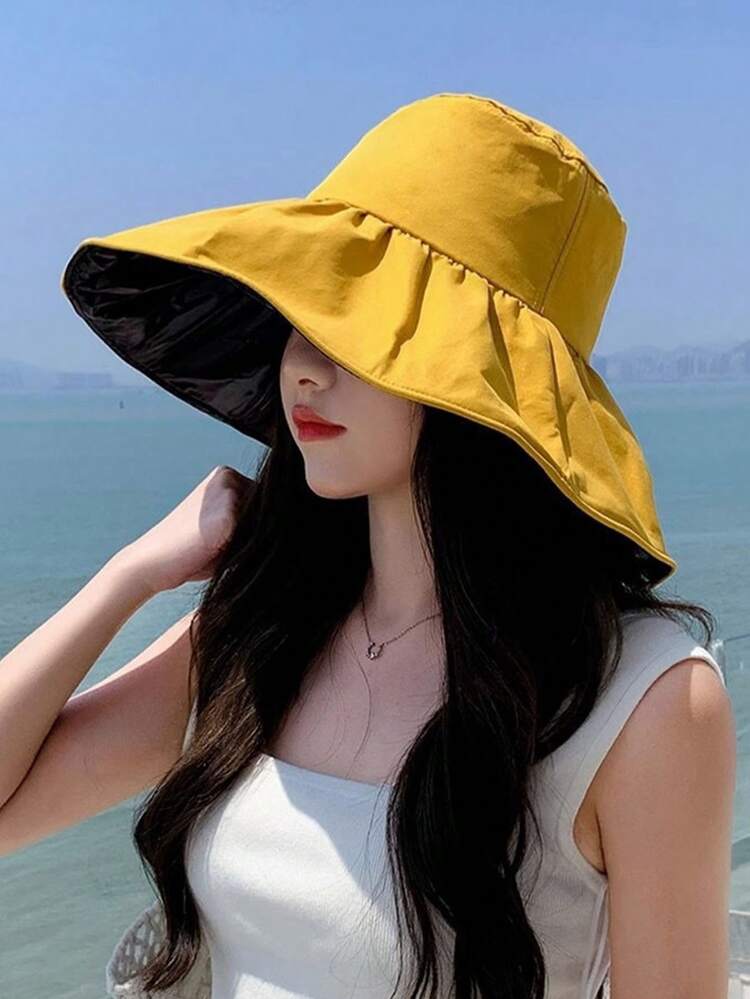 1顶新款韩版女士可折叠大檐遮阳帽，夏季款，黑色乙烯基材质，防紫外线，渔夫帽 - 彩色 - 查看 15