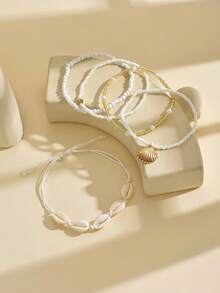 5pcs/Set Minimalist White Seed Bead & Faux Pearl Heart Shaped Beaded Handmade Adjustable Anklet, Suitable For Daily Wear And Vacation - Multicolor - View 3