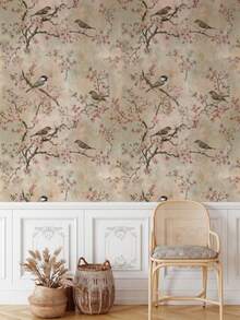 Elegant Chinoiserie Cherry Blossom Wall Mural Soft Pastel Birds & Flowers Botanical Wallpaper - A - View 5