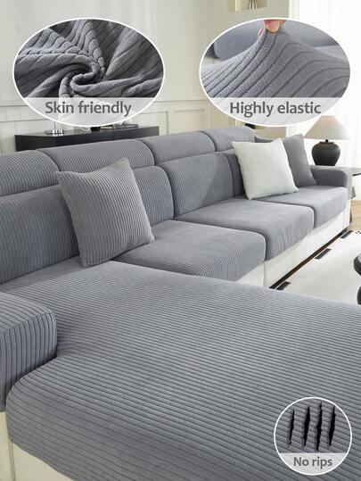 1 PC Solid Color Vertical Stripes Fleece Sofa Hat Cover Beautifies Dust, Anti Slip, Anti Cat Scratch Elastic Jacquard Velvet All Season Universal Sofa Cover Combination,Living Room 1/2/3/4 Seat Sofa Cover