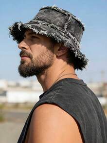 Unisex Hat, Beach Fashion Hat, Windproof, Sun Protection, UV Protection, 3D Design, Foldable, Fashionable And Versatile, Suitable For Beach, Outing, Camping, Hiking And Various Occasions - Frayed Denim - View 1