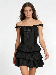 1pc New French Style Black Spaghetti Strap Dress, Spring/Summer Fitted Slimming Elegant Princess Tulle Dress, Suitable For Party, Game Theme, Ball, Photo Shoot, Romantic Dinner, Garden Date - Black - View 2