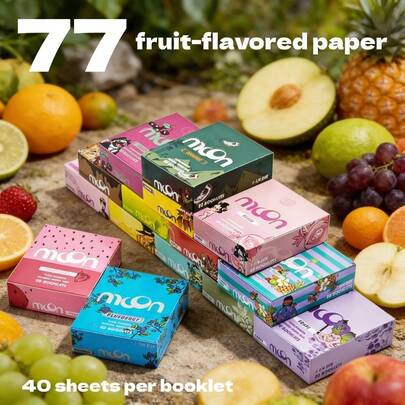 MOON 77mm Fruit Flavor Rolling Papers, 17 Fruit Flavors, Exclusive Fruit Pattern Design, Including Chocolate, Blueberry, Strawberry, Tropical Fruit, Mango, Grape And More, Intense Chewing Gum Flavor, Cleans Breath, Burns Evenly With Unique Taste, Perfect For Social Media Check-In, Relaxation For Smoking Enthusiasts