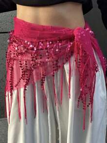 1pc Women's Street Dance Waist Chain & Scarf, Jazz/Belly Dance Performance Waistband, Sequin Tassel Waist Wrap Skirt Belt, Waist Decor Summer School Fall, Autumn, Halloween - 玫紅色 - 查看 13