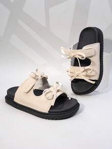 Girls' Beige Suede Bow Slide Sandals, Sweet Open Toe Summer Shoes For Kids - Beige - View 2