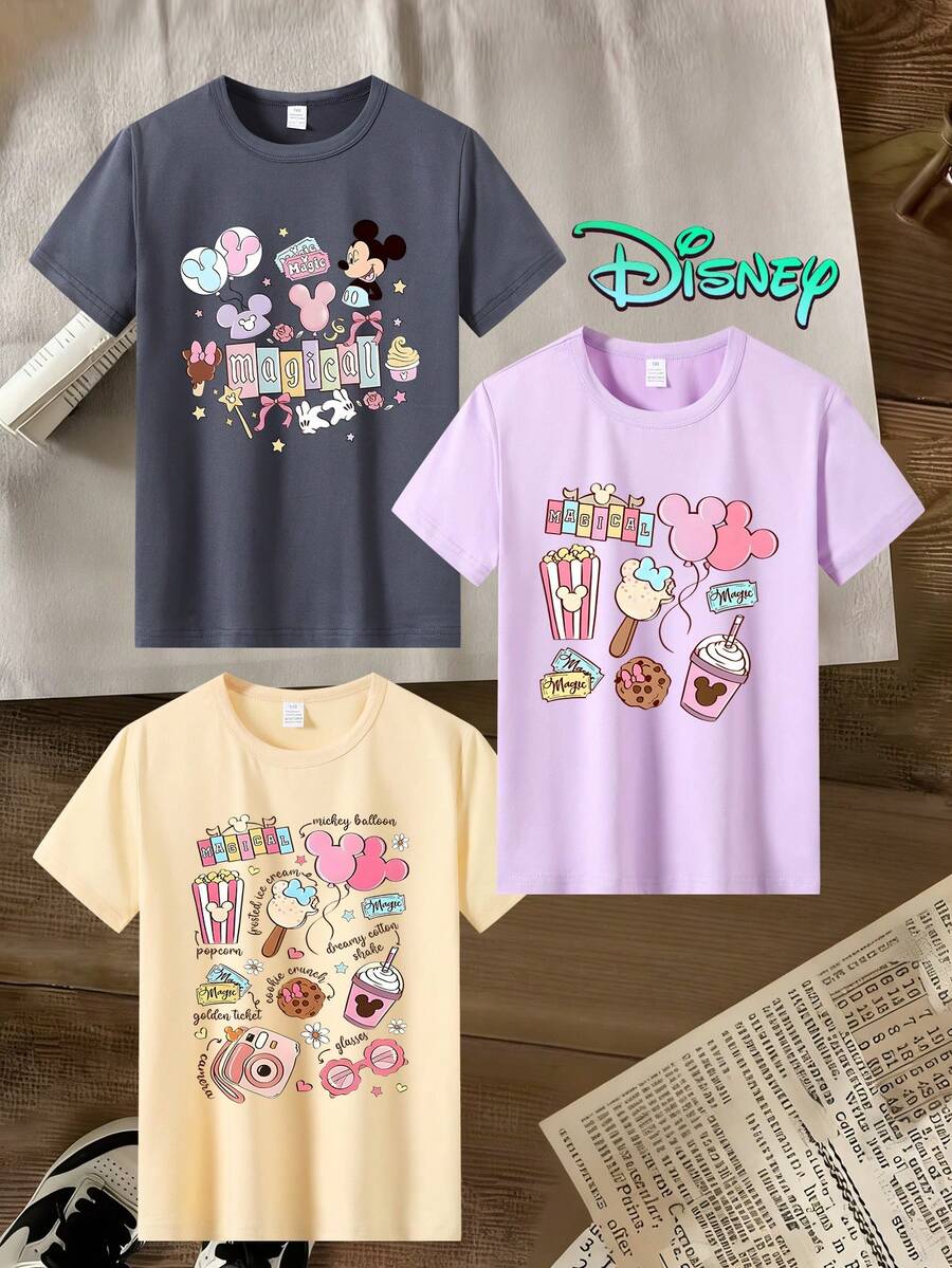 Disney Mickey Mouse Balloon Popcorn Ice Cream Biscuit Drink Magic Series, 3 Pieces, Officially Authorized By Disney, High-Quality Children's T-Shirts, Perfect Gifts, Fashion Casual Wear, Girl Shirts, Girl Gifts. - Multicolor - View 1