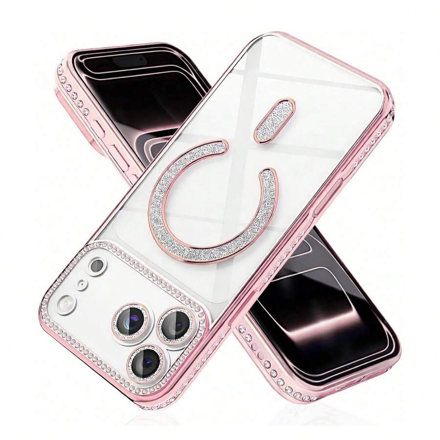 1个粉色电镀磁性奢华水晶水钻镶嵌闪亮C形软TPU透明防刮防摔手机壳，适用于苹果17Pro/17ProMax/Air/17/17E/16Pro/16ProMax/16Plus/16/16E/SE4/15Pro/15ProMax/15Plus/15/14Pro/14ProMax/14Plus/14/13Pro/13ProMax/13/12Pro/12ProMax/12/11ProMax/11/11Pro