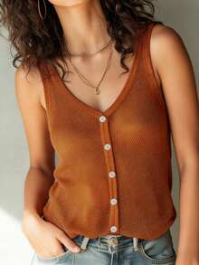 新款春夏系列女士时尚优雅都市现代休闲度假海滩通勤橙色单扣无袖深V领针织开衫；夏季针织上衣；女士夏季服装；优雅派对针织上衣；沙滩针织上衣；外套；女士休闲针织上衣；女士橙色针织上衣 - 橘色 - 查看 4