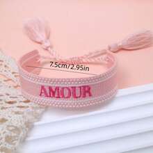 1pc Handmade Embroidered French "AMOUR" Creative Braided Vintage Style Bracelet, Suitable For Couples, Holiday Gift, Blessing Cord - Baby Pink - View 5