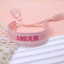 1pc Handmade Embroidered French "AMOUR" Creative Braided Vintage Style Bracelet, Suitable For Couples, Holiday Gift, Blessing Cord - Baby Pink - View 4