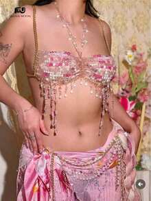 Glossmoon Pink Beads Festival Top Body Chain Chest Chain Body Chain Bikini Jewelry Beachwear Music Festival Nightclub Outfit - 粉紅色上衣 - 查看 8