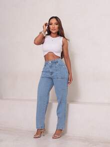 Calça Jeans Feminina Cintura Alta Utility Fit Azul Claro - Lavagem clara - Visão 9