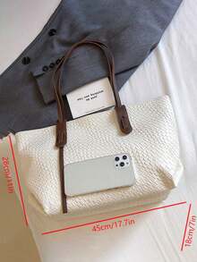 Dedoo Women's Multifunctional Solid Color Woven Pattern PU Leather Handbag, Minimalist Large Capacity Top Handle Shoulder Tote Bag, Casual Lightweight Commuter Tote Suitable For Daily Office, Fashionable Waterproof Square Outdoor Travel Shopping Handbag - White - View 6