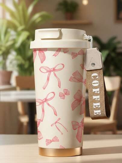 1个/18盎司花卉蝴蝶结印花保温咖啡杯，500毫升防漏保温旅行瓶，12-24小时保温/保冷不锈钢水瓶，带挂绳，便携杯，适用于办公室、学校和户外野餐