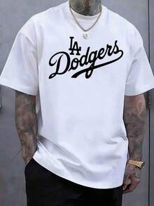 | Dodgers T-Shirt | High Five Hand Gesture | LA Letter Print | Must-Have Game Support T-Shirt For Baseball Fans | Breathable, Sweat-Wicking, And Cool, Perfect For Playing Baseball | Pure Cotton, Skin-Friendly, Digital Print, Baseball Style, Men's Casual T-Shirt, Sportswear Design, Urban Apparel, Men's Everyday Casual Top, Machine Washable - 白色2 - 查看 1