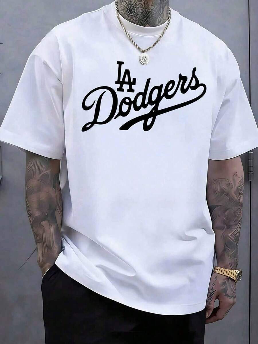 | Dodgers T-Shirt | High Five Hand Gesture | LA Letter Print | Must-Have Game Support T-Shirt For Baseball Fans | Breathable, Sweat-Wicking, And Cool, Perfect For Playing Baseball | Pure Cotton, Skin-Friendly, Digital Print, Baseball Style, Men's Casual T-Shirt, Sportswear Design, Urban Apparel, Men's Everyday Casual Top, Machine Washable - 白色2 - 查看 1