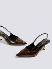 Women's Coffee Brown High Heel Sandals, Kitten Heel Party Dress Pumps, Wedding Formal Shoes, Slingback Pointed Toe Buckle Backless High Heel Pumps - Coffee Brown - View 3