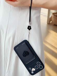 1pc Premium & Edgy Solid Black Phone Case With Matching Faux Leather Card Holder, Woven 3D Heart & Heart Metal Decoration. Comes With Braided Lanyard & Black Four-Leaf Clover Charm. Shockproof, Anti-Slip, Scratch-Resistant. Exclusive Compatible With Iphone 17 Pro Max, Compatible With IPhone 16/15/14/13/12/11 Series - Black - View 4
