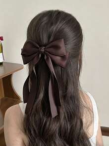 1pc Women's Hair Clip With Shiny Satin Ribbon Bow & Long Ribbon Tail, Suitable For Daily Wear, Parties And Festivals Street Valentine's Day Valentines,Hair Accessories,Hair Barrettes Hair Clips Claw Clips Hair Claws, School Stuff, Elegant, College, Bows, Cute, Head Accessories, Hairpin - Coffee - View 6