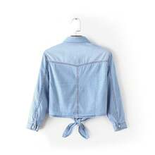 Popular Lace-Up Knotted Mid-Sleeve Denim Shirt With Shawl For Women, Korean Style, Short Thin Jacket - 深色中袖 - 查看 6