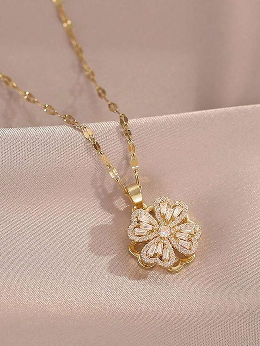 1 pieza Collar de acero inoxidable con trébol de cuatro hojas de circonita cúbica giratorio de moda para mujeres, joyería dorada, collar dorado, adecuado para verano, vacaciones, fiesta en la playa, regalo, para amante, para amigo, uso diario - Amarillo Oro - Ver 1