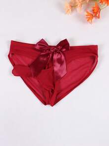 Men's Red Sexy Bow Decor Briefs, Thin Mesh Semi-Sheer Breathable Comfortable Daily Wear Thong With Bow Decor Necklace - Red - View 2