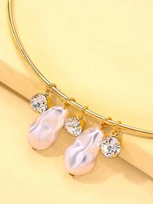 1pc Fully Paved Crystal & Cultured Pearl Open Collar Necklace, Elegant For Banquet & Party - Gold - View 4