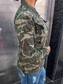 Women's Y2K Camouflage Long Sleeve Loose Denim Jacket - Army Green - View 3