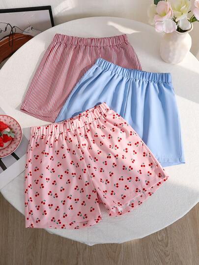 Bộ 3 quần short mùa hè cho bé gái, kẻ sọc dọc, in hình quả anh đào, màu trơn, chất liệu mềm mại và thoáng khí, thoải mái cho các bữa tiệc, kỳ nghỉ, mặc hàng ngày, cũng thích hợp làm quà tặng cho con gái.