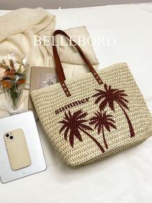 草编手提包，大容量休闲女士单肩包，适合海滩度假 - 米色 - 查看 9