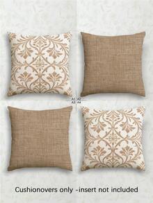 4件套波西米亚风抱枕套，花卉图案，聚酯纤维材质，复古亚麻面料，隐形拉链，可机洗，简约时尚线条图案，家居装饰抱枕套，适用于沙发、客厅、卧室，不含枕芯 - 米咖色 - 查看 2