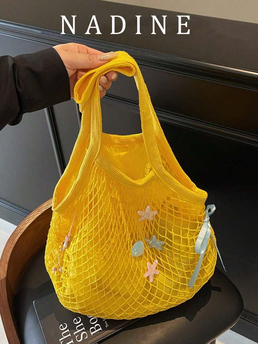 女士时尚夏季海星贝壳编织网眼手提包，大容量单肩包，适合度假