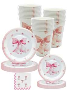 10件套粉色蝴蝶结一次性餐具套装 - 包括9/7英寸餐盘、9盎司杯子和餐巾纸，适合生日派对、女孩派对和春季聚会 - 彩色 - 查看 10