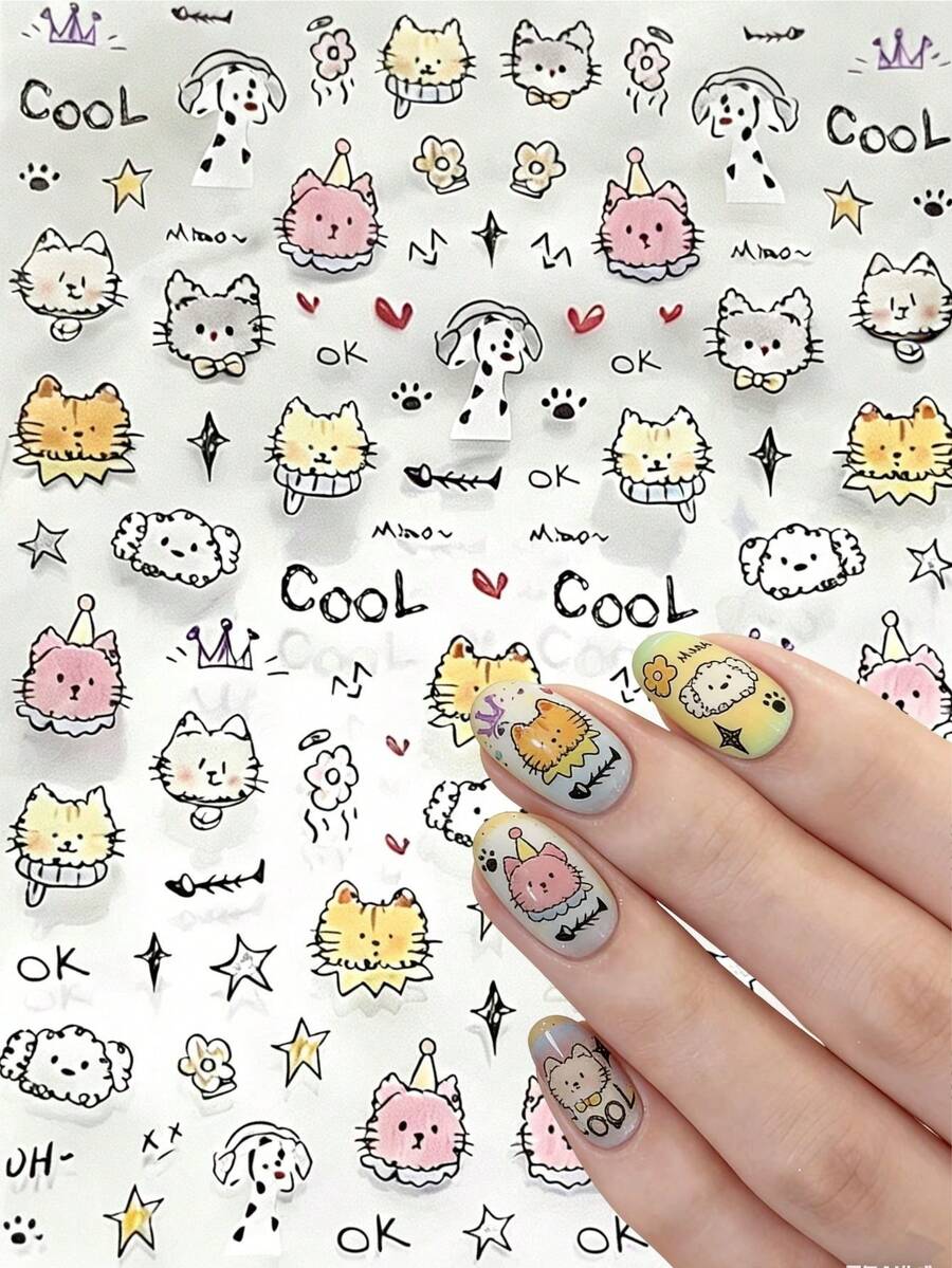 1 pièce Autocollants d'art pour ongles de chat de dessin animé mignon, style graffiti, design de chaton adorable, décalcomanies pour ongles DIY, décoration de scrapbooking - Multicolore - Voir 1