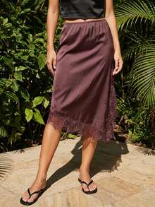 Women Silk Satin Half Slip Long Skirts Oblique Split Lace Patchwork Elastic Waist Maxi Skirt Elegant Silky Flowy A Line Midi Skirts For Under Dress - 棕色 - 查看 4