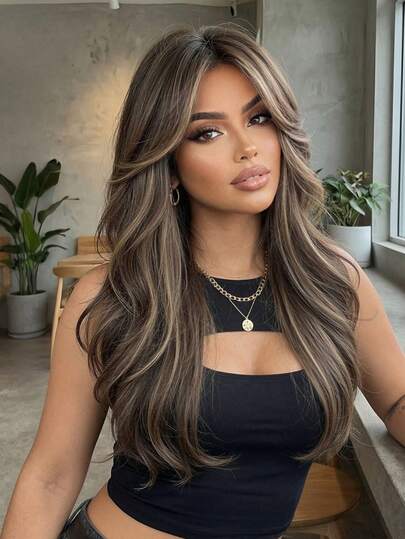 22 Inch Long Wavy Wigs With Medium Part Bangs Dark Brown Wigs Blonde Highlight For Women Brown Ombre Hair With Blonde Wigs,Heat-Resistant Synthetic Wigs For Daily Party Cosplay Wigs