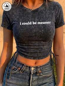 Es Trus Cotton Summer Women's Funny Printed Creative "I Could Be Meaner" Letter Pattern Streetwear Korean Style Comfortable Retro Basic Fashionable Y2K Style Women's Clothing, Sweet & Edgy Girl Style Black Fitted Sexy Drawstring Crew Neck Washed T-Shirt Casual - Black - View 3
