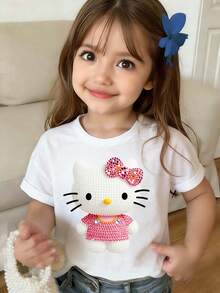 Sanrio Summer Casual Short Sleeved Baby Girl Clothing With Hello Kitty Printed Pattern Design Round Neck Baby T-Shirt, Girl Pullover, Children's Pattern T-Shirt Pullover, Local Warehouse, Soft And Comfortable, Skin Friendly Fabric, Suitable For Babies To Wear - trắng - Xem 1