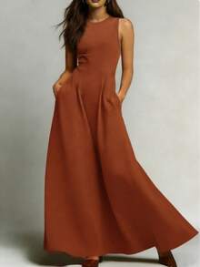 Solid Color Sleeveless Dress, Vintage Flared Long Dress, Versatile For Work And Vacation Summer Elegant - Brown - View 1