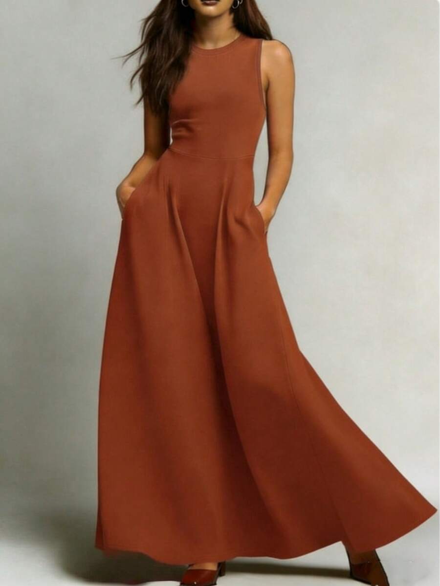 Solid Color Sleeveless Dress, Vintage Flared Long Dress, Versatile For Work And Vacation Summer Elegant - Brown - View 1