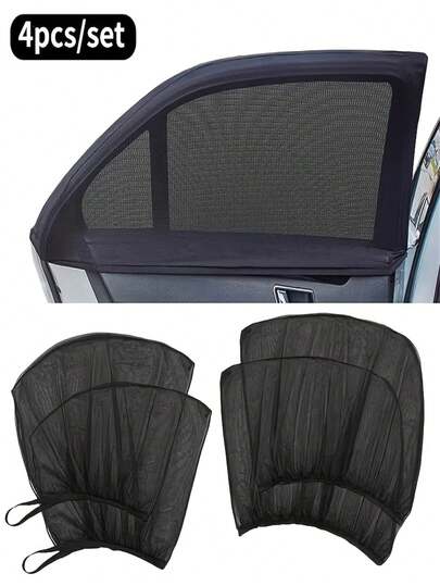 4-Piece Set Of Black Mesh Car Window Sunshades, Universally Suitable For Front And Rear Windows Of Sedans, RVs, And SUVs, Providing A Comfortable Camping Experience, Front And Rear Window Privacy Protection Net, Easy To Install And Remove