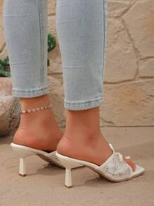 Sandalias de tacón de aguja con lazo francés y punta puntiaguda, zapatillas de tacón alto de estilo hada con punta abierta para el verano - Blanco - Ver 5