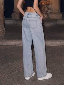 Quần jeans nữ ống rộng rách rưới phong cách Y2K, kiểu dáng thường ngày, màu denim sáng. - Màu xanh lam - Xem 3