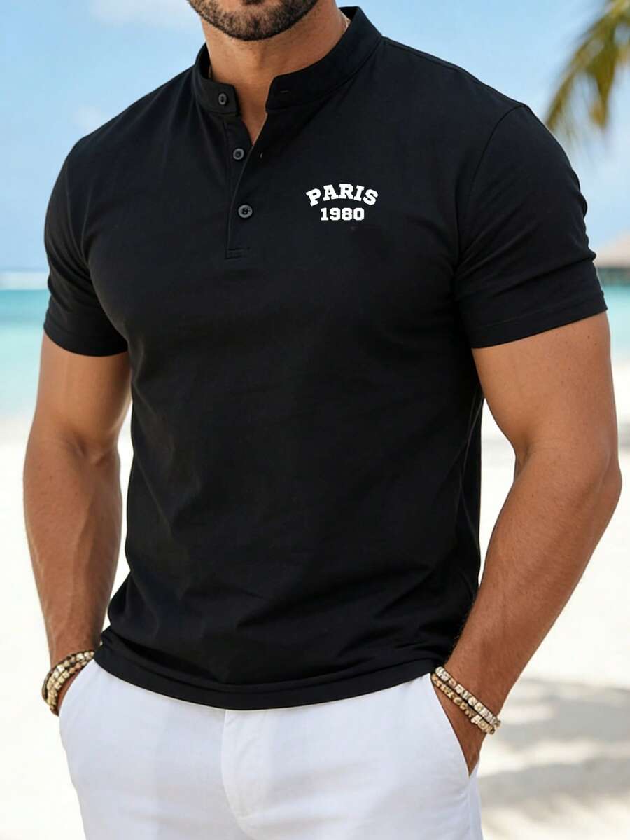 Áo thun nam tay ngắn cổ Henley phong cách thường ngày, sáng tạo, thích hợp cho kỳ nghỉ. - màu đen - Xem 1