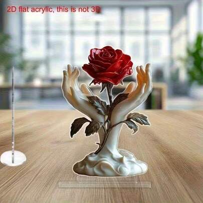 2D Acrylic Red Rose Sculpture Desktop Decor, Elegant Hand-Held Rose Design, Suitable For Home