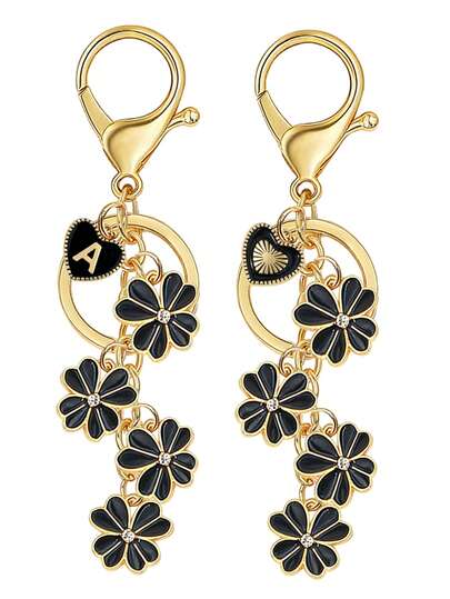1pc Black Clover Flower Letter Keychain, Cute Initial Keyring With Floral & Enamel Charm For Women, Handbag/Backpack Accessory