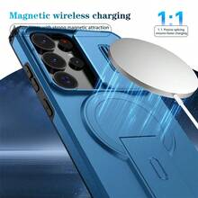 可折疊支架手機殼，附可滑動相機蓋，適用 Galaxy S26Ultra S25Ultra S24Ultra S23Ultra S22Ultra /A17/A26/A36/A55/A37/A57/A56/A16，相容 S24/S24 FE/S25/S25/S25 FE 與 8 9 10 A PRO，磨砂質感防震保護手機殼，滑蓋手機殼，時尚手機殼，手機配件，夏季禮物 - 藍色 - 查看 3