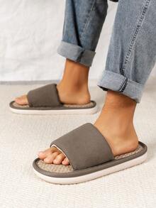 Men's Washable Solid Color Open Toe Slippers, 2cm Flat, Simple And Clean For Home, Bedroom, Indoor And Outdoor Wear, Warm Lining For Autumn, Solid Color - Brown - View 5