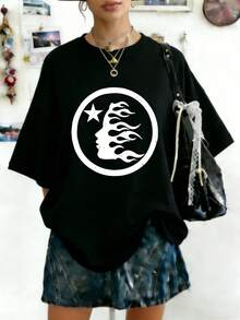 Hellstars Flame Head Star Logo White Y2K Graphic T-Shirt,220g 100% Cotton,Round Neck Short Sleeve,Black Streetwear Essential For Summer Going Out,Unisex Style - Black - View 1