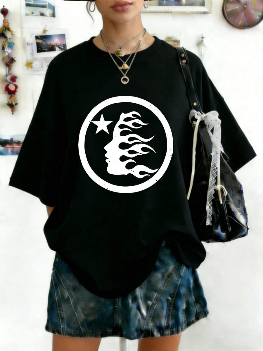 Hellstars Flame Head Star Logo White Y2K Graphic T-Shirt,220g 100% Cotton,Round Neck Short Sleeve,Black Streetwear Essential For Summer Going Out,Unisex Style - Black - View 1